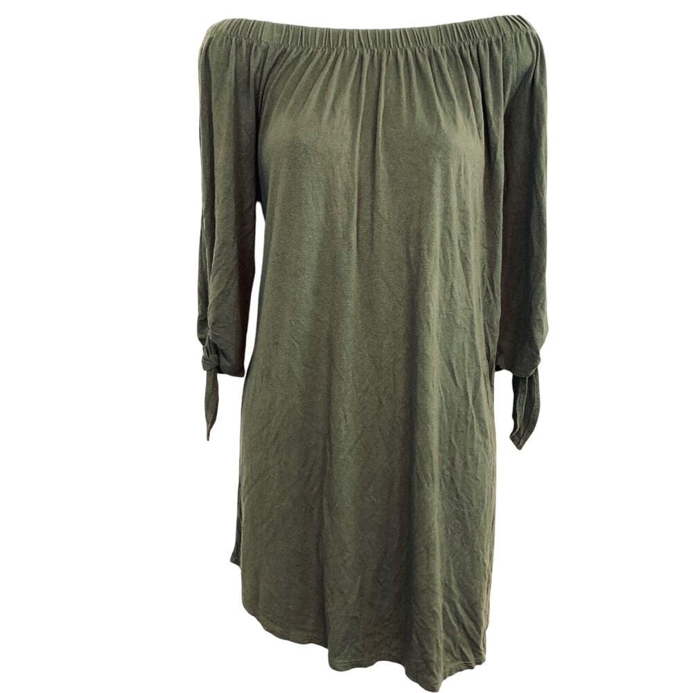 Umgee USA Womens Knit 3/4 Sleeve Olive Off Shoulder Oversized Top Dress Shirt S